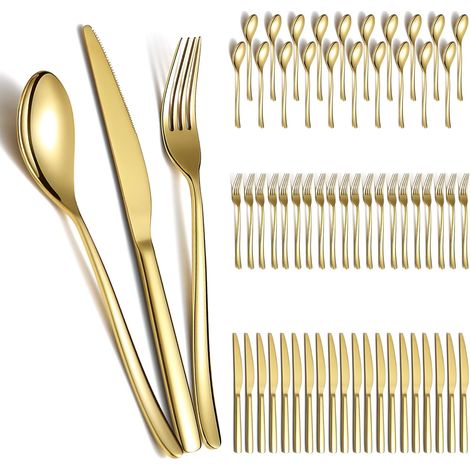 Ensemble de couverts de mariage en or 60pcs pour 20, couverts en acier inoxydable plaqué titane, couteaux de fourchettes de cuillères d’or pour la maison, mariage, restaurant (1/5)