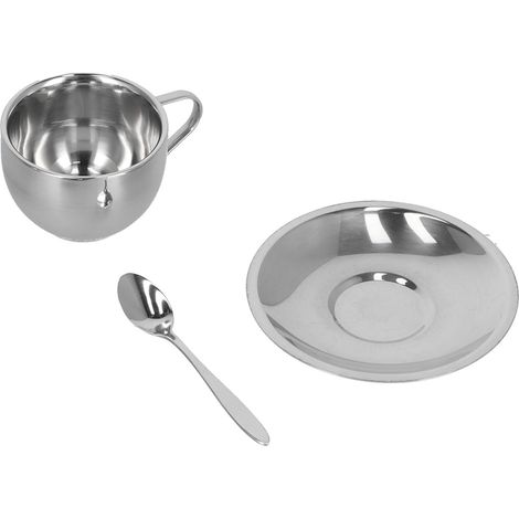 Juego de 3 tazas térmicas de acero inoxidable de doble pared con platillo y cuchara, para café y té. (1/5)