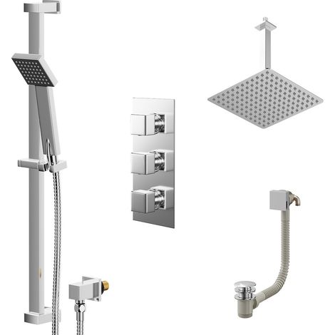 Cubix Polished Chrome Concealed Triple Thermostatic Shower Valve with Diverter and 300mm Square Head with 300mm Ceiling Arm and Thames Slide Rail Kit with Free-Flow Bath Filler - 3 Outlet (1/5)