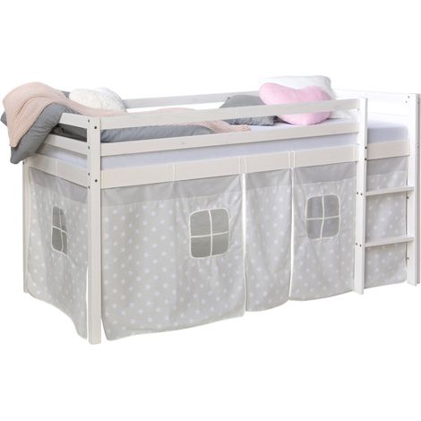 Letto a soppalco 90x200cm con scala in legno bianco e tessuto a stella grigio LIT06183