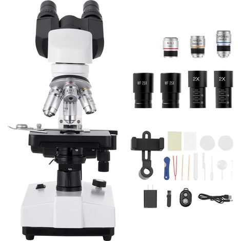 Mophorn Microscopio Compuesto Binocular con Aumento de 40-5000X, Cuerpo de Aleación de Aluminio, Oculares Intercambiables, Luz LED y Soporte para Teléfono, Ideal para Estudiantes y Laboratorios (1/5)