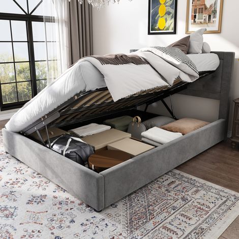 Letto con contenitore in acciaio e velluto grigio 140x200 cm, rete a doghe inclusa (1/5)