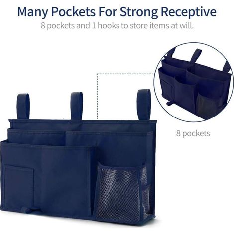 1 Sac de rangement pour lit superposé(Marine), sac de rangement pour lit suspendu, 8 poches, pour lit de chambre d'étudiant, lit d'hôpital, barreaux de lit pour bébé, 600D Oxford Cloth (1/4)