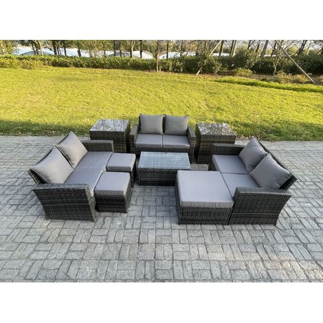 Fimous 9pc Rattan Sofa Gartenmöbel Set Balkonmöbel mit 2 Beistelltische 3 Hocker Liebessitz-Sofa Dunkelgrau Gemischt (1/5)