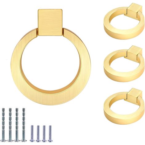 Lot de 4 boutons de placard en alliage de zinc, anneau de traction en laiton brossé, poignée ronde pour placard de cuisine (1/5)
