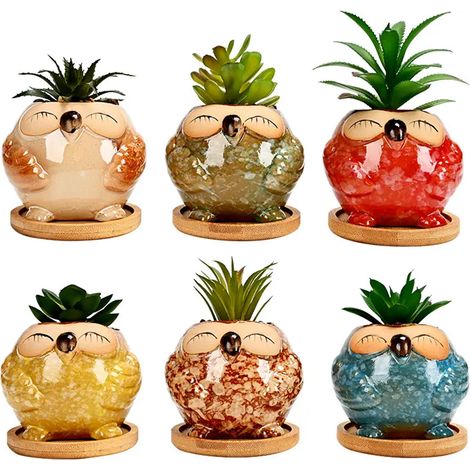 Set 6 Pezzi Vasi In Ceramica Fiori Piante Grasse Gufi Con Sotto Vaso In Bambù Foro Centrale Vasetti Cactus Decorazione Interno Esterno Casa Vasetto Con Foro Scarico Scrivania Comodino Ufficio Fioriera (1/5)