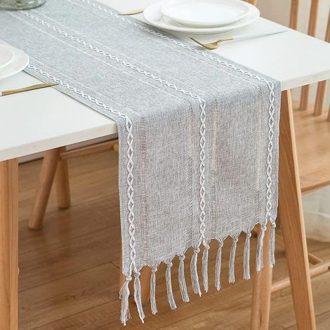 chemin De Table Style Maison De Campagne 32 X 200 Cm, Gris Clair, Style Boho, Avec Pompons (1/5)