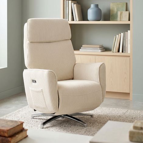 Poltrona relax elettrica girevole 360°, doppio motore, con porte USB, poliestere bianco crema (1/5)