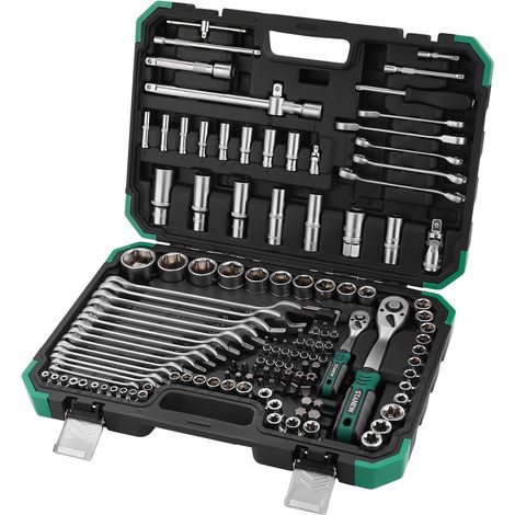 Stanew – Coffret de douilles 131 pièces 1/4' et 1/2' – Acier au chrome vanadium – 2 clés à cliquet 75 dents – 3 clés à double extrémité