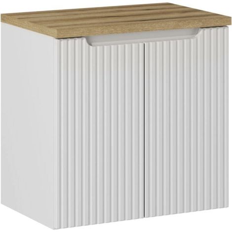 Meuble sous vasque suspendu 2 portes avec plan NOVA 60 cm Naturel-Blanc-Plateau Naturel-Largeur 60 cm (1/5)