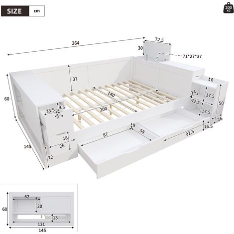 Lit enfant adulte 140x200 cm, canapé-lit avec rangements, coffre de lit à tiroirs et étagères, tablettes de chevet intégrées, sans matelas, blanc, pour chambre ado (1/5)