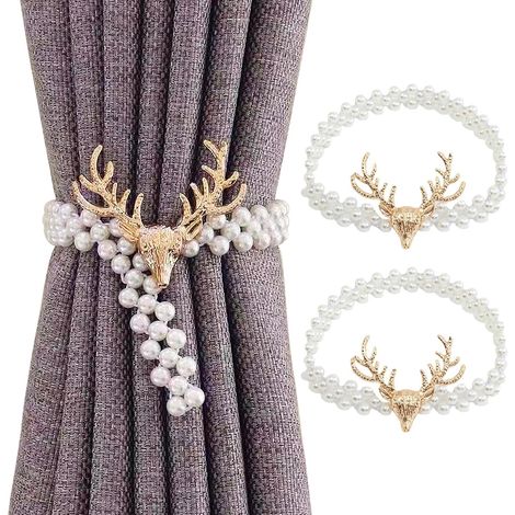 JSSEVN - 2-Piece Curtain Tiebacks, Gold Elk Head Elastic Curtain Loops, 36cm Curtain Tiebacks with Spring Wire, for Home, Office (1/5)