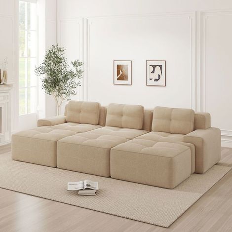 Canapé d'angle modulable - SOGEU - sans cadre - Velours côtelé beige - 3 places - Fonction couchage + 3 poufs (1/5)