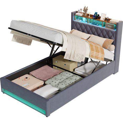 Bett 140x190 cm Gepolstert Multifunktional mit USB und LED, Breite Lattenroststruktur, Stauraum unter dem Bett, Grauer Samt - Modernes Design