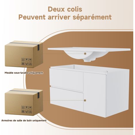 Meuble vasque suspendu 91,5×46,5×50,5 cm, laqué haute qualité, lampe à capteur radar LED, étagère sur la porte, deux tiroirs avec glissières silencieuses, vasque en céramique, blanc (1/5)