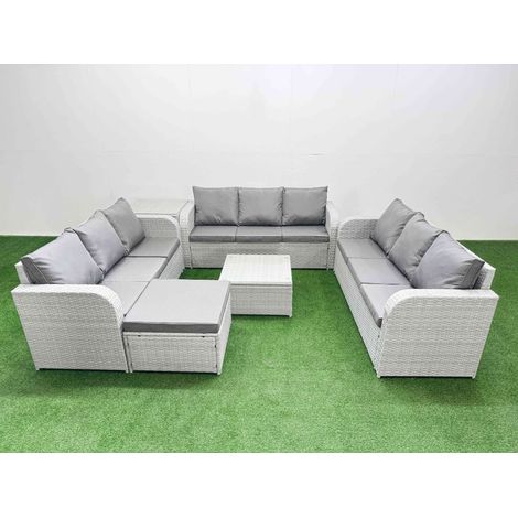 Fimous PE Rattan Lounge Sofa Set 10 Seater Outdoor Garden Furniture Set with Square Coffee Table 3 Seater Sofa Big Footstool Side Table Light Grey (1/4)