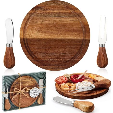 Maxcheck Coffret de 4 plateaux de fromages ronds avec couteaux et fourchettes, mini-planche à charcuterie en bois, carte de remerciement et boîte, idéal pour un enterrement de vie de jeune fille. (1/5)