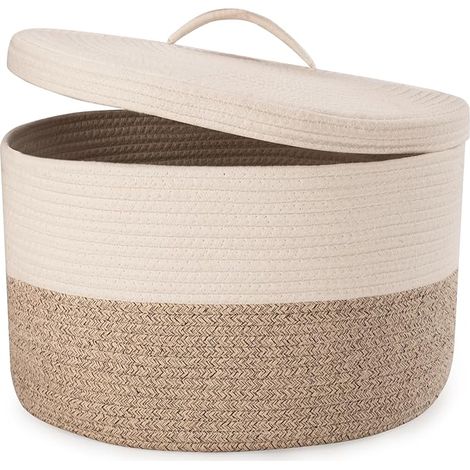 Corbeille Linge Coton Tissé Couvercle 32L Pliable Panier Rangement Tressé Poignée Évidée Placer Vêtements Chambre Coucher Salon 40 x 25cm Marron (1/5)