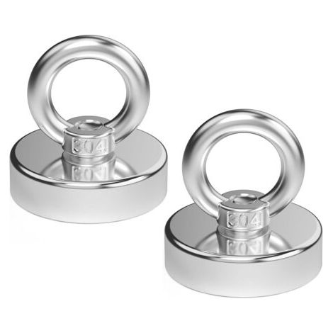 2 pièces aimant en néodyme super fort 85 KG force adhésive diamètre 48 mm, aimants avec anneaux de levage puissant pour l'industrie et la science, pêche magnétique (1/4)