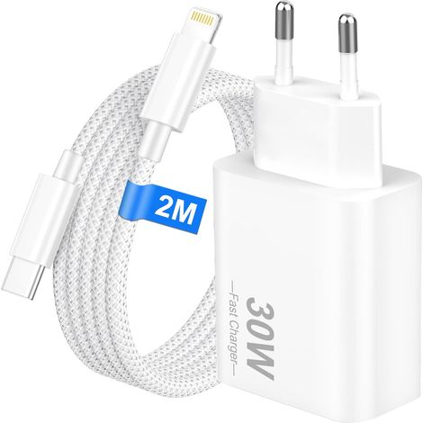 30W Chargeur Rapide iPhone avec Câble 2M Nylon Tressé pour iPhone 14 13 12 11 Pro Max SE, Adaptateur Secteur USB C avec Câble USB C vers Lightning 2 Mètre pour iPad 9/8/7, PD 3.0, Blanc (1/5)