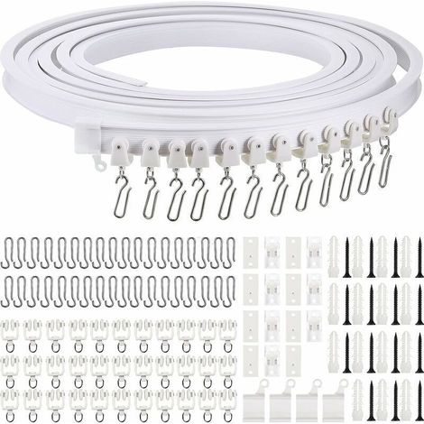 Gebogene, faltbare und flexible Deckengardinenschiene mit Metallhaken (Weiß, 5 m)
