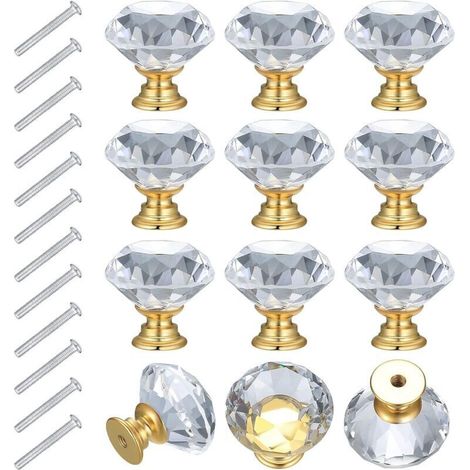 12PCS Bouton de Meuble 30mm Bouton de Tiroir Cristal Poignée Meuble Dorée, Poignées d'armoire Transparentes Poignee Placard Cuisine Bouton de Porte en Cristal