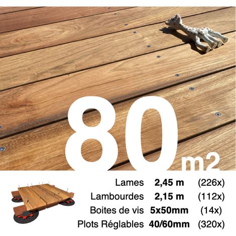 Kit complet terrasse bois exotique JATOBA pour 80 m² • Lames 2,45 m, lambourdes 2,15 m, plots réglables et visserie Inox • Livraison gratuite