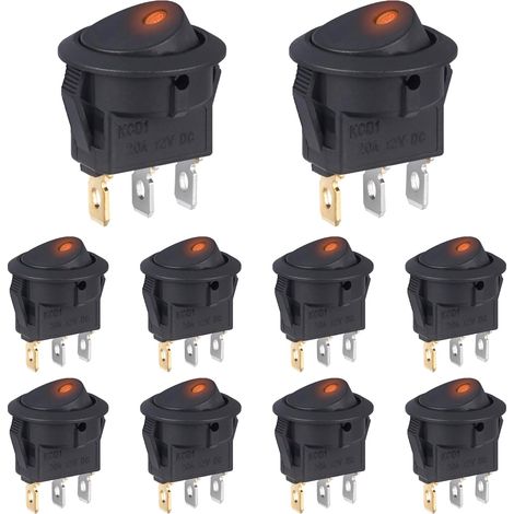 Interruptor de 12 V, 20 A, luz indicadora LED amarilla, interruptor basculante redondo de 12 V, encendido/apagado, 2 posiciones, 3 pines, para coche (10 unidades) (1/4)