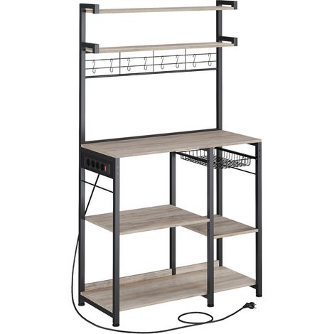 Vasagle – Desserte de cuisine avec multiprise – 4 prises CA sécurisées – Étagères réglables 40 x 90 x 165,5 cm – 8 crochets en S – Panier extractible (1/5)