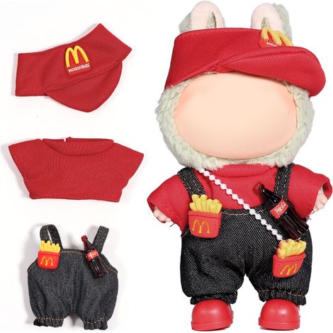 Ensemble de 3 pièces inspiré de la restauration rapide pour poupées de 17 cm, comprenant un chapeau, un haut rouge et une salopette avec des frites et une boisson (poupée non incluse). (1/5)