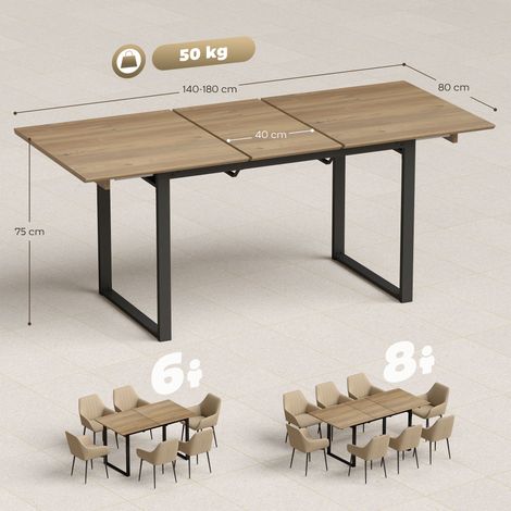 Table de salle à manger de style industriel pour 6 à 8 personnes, en bois et acier, avec plateau rond pliant. Dimensions : 180 x 80 x 75 cm (1/5)