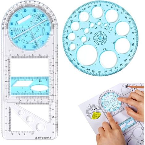 1Pcs Règle à Dessin Géométrique Multifonction en Plastique pour Fournitures Scolaires et de Bureau Règle Géométrique Multifonctionnelle avec 1 Gabarits Circulaires à 360 Degrés (1/5)