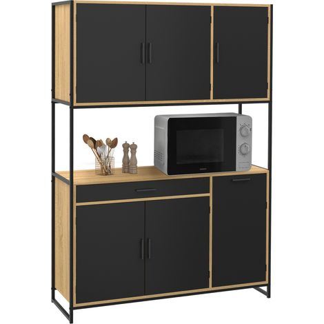 Idmarket – Buffet de cuisine 120 cm – 6 portes – Tiroir – Design industriel en panneaux mélaminés et métal noir – Rangement XXL avec étagères réglables