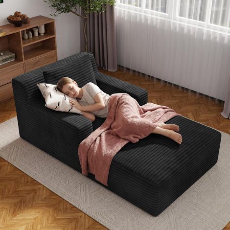 Bodensofa mit Schlaffunktion, Cord, Chaiselongue, Schwarz, 160cm (1/5)