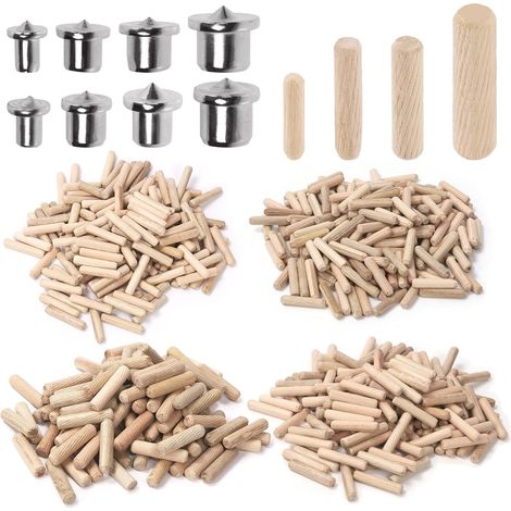 Paquete de 505 tacos de madera rectos ranurados - 4 tamaños (6,3 mm, 5,9 mm, 1,27 cm) con punta central cilíndrica - Surtido de tacos y pasadores de transferencia (1/5)