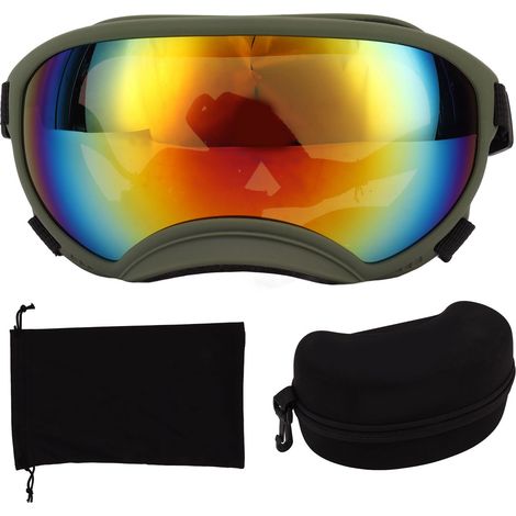 Lunettes de protection pour chien anti-vent et anti-UV, monture verte OD et verres rouges, pour ski et activités extérieures. (1/5)