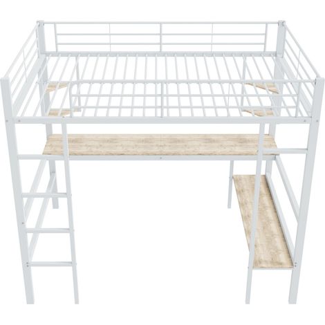 Lit mezzanine, cadre de lit 140x200cm, lit métallique, lit en fer avec bureau, sans matelas, lit mezzanine avec quatre petites étagères et une grande bibliothèque pour enfants, adolescents et adultes, (1/5)