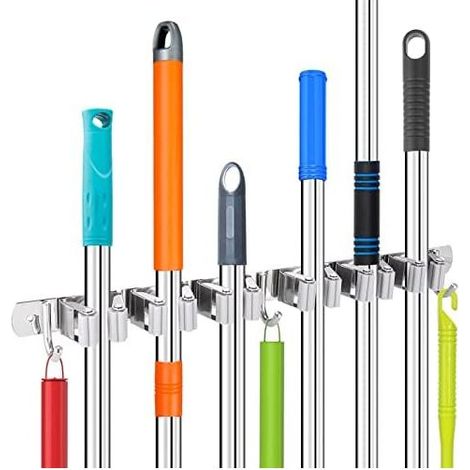 Porte Balai Mural en Acier Inoxydable 304, Accroche Balais Robuste avec 6 Supports et 3 Crochets pour la Salle de Bain, Range Cuisine, le Garage, Jardin (Gris) - Posiciones y Ganchos Acero Inoxidable (1/5)