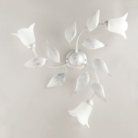 Lámpara de techo de hierro blanco plateado con tres luces Cristal de alabastro blanco 67x h20 cm