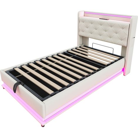 Cama infantil tapizada 90x200 cm con LED, USB-C y almacenaje hidráulico beige HOMVRA (1/5)