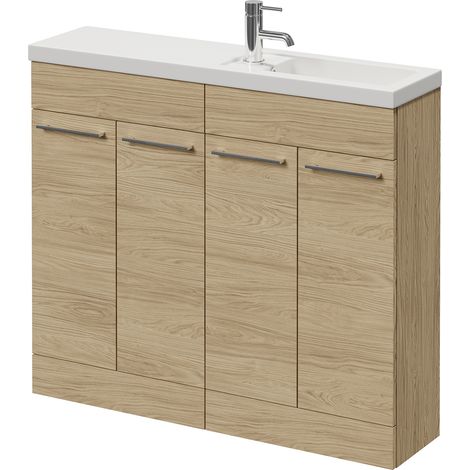 Napoli 250 Light Oak 1000mm 4 Door Vanity Unit with Square Silvo Basin - 1000mm - Chrome 160mm Handle