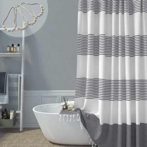 Long Fabric Shower Curtain, 78 Inch Long Farmhouse Gray & White Bohemia Stripe Cotton Fringe Shower Curtain, Machine Washable Tall Shower Curtain with 12 Metal Hooks, 72x72 (1/4)