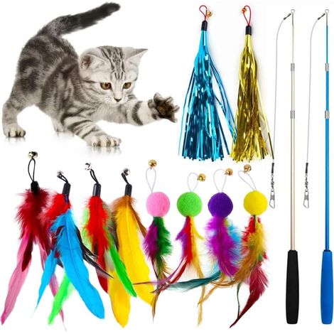 Lot de 12 jouets interactifs pour chat aux couleurs vives (2 cannes à pêche à trois sections, 10 têtes de rechange avec cloche) (1/5)