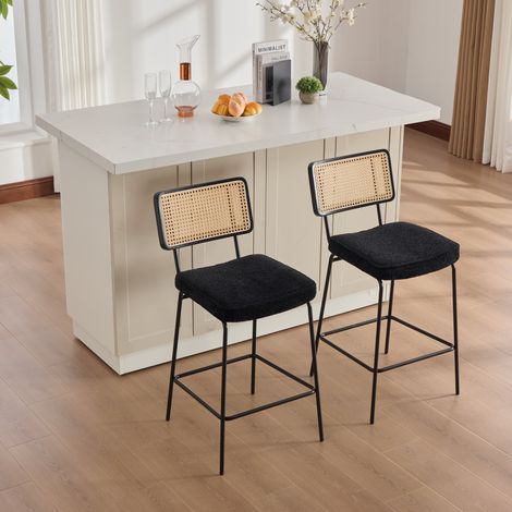 Lot de 2 tabourets de bar, Chaise haute pour îlot central, Dossier en rotin tressé et assise rembourrée en simili-cuir vintage, Noir (1/5)