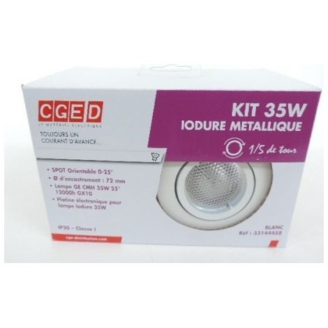 Kit spot iodure 35W orientable blanc Ø 82mm avec lampe CMH 4000K 2200lm GX10 variable et platine elec 230V IP20 THORN 96262292 (1/2)