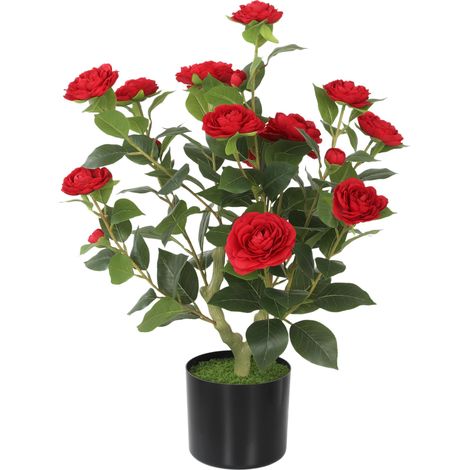 Planta Artificial de Camelia 65 cm Árbol Artificial en Maceta con Flores de Seda Realistas 116 Hojas Efecto Musgo Rojo (1/5)