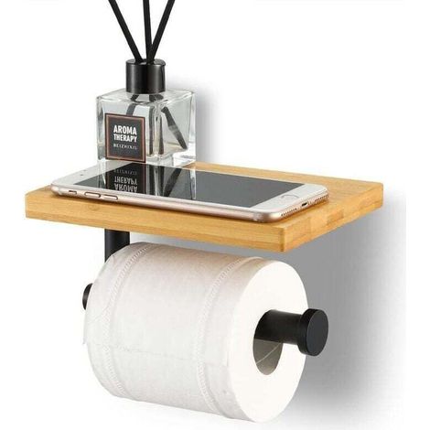 Toilettenpapierhalter mit Bambusablage, Badezimmer-Rollenhalter aus Edelstahl SUS304, Wandmontage in Mattschwarz