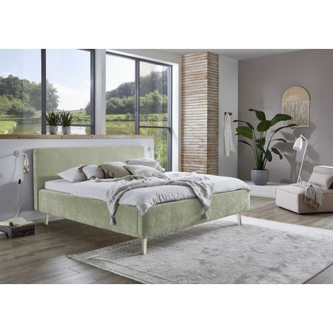 Meise Möbel Polsterbett Mattis 180x200 cm Doppelbett Bettgestell skandinavisches Kopfteil Strukturstoff Hellgrün Holzfuß sandfarbig (1/5)