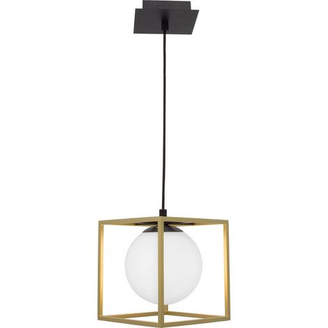 Merano Dawson Globe Suspension Plafonnier Laiton, Métal Noir Verre Opalin Blanc LED E14