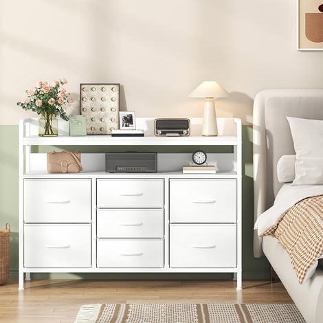 Kommode mit Schubladen, 7 Stoffschubladen, 2-stufiger Platte, Stabiler Stahlrahmen und MDF, Aufbewahrungsschrank für Schlafzimmer, Wohnzimmer, Flur, Weiß (1/5)